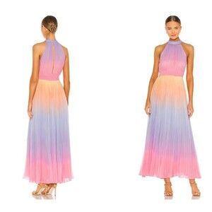 NWT $396 Rococo Sand Emi Pleat Dress Ombre Halter Maxi Women's Small